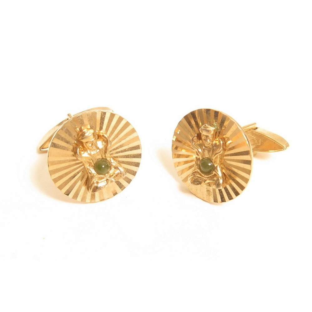 Vintage Buddha Signed Swank Jade Cab Patented Gold Plated Cufflinks*Groom*Formal